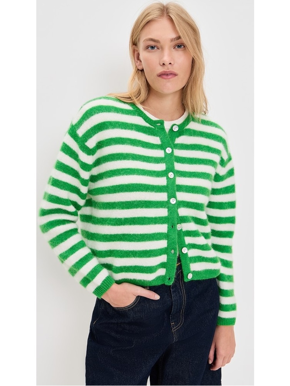 American Vintage Vitow Clover Green and White Stripe Caridgan Sweater